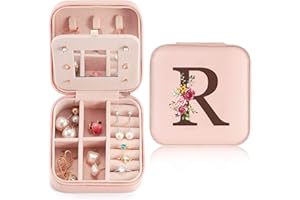 SINEKONG Portagioie con Lettera Iniziale R, Piccoli Scatola Portagioie da Viaggio con Specchio, Mini Porta Gioielli da Viaggio, Gioielli Pelle PU Portagioie Organizer Regalo di Compleanno per Donne Ragazze