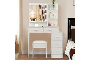 Guanglai Vanity Desk Set with Lighted Mirror, Makeup Vanity with Lights and Stool, Makeup Table with Drawers for Bedroom, White