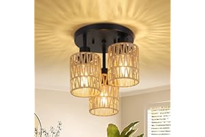 RAYOFLY Lámpara de Techo Colgante de Ratán Boho - 3 Luces Con Pantalla de Ratán, Estilo Vintage y Rústico - Para Salón, Dormitorio, Cocina y Pasillo