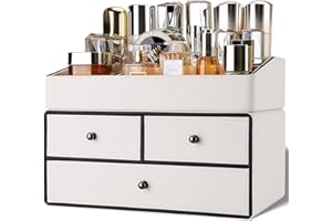 GORESE Organizador de Maquillaje, 2 Pisos 3 Cajones Organizador de Cosméticos de Piel Almacenaje Maquillaje Organizadores de Escritorio para Dormitorio, baño, tocador(Blanco)