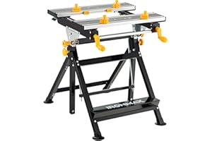 COSTWAY Mesa de Trabajo Plegable, Banco de Trabajo Portátil con Plataforma Inclinable y Altura Ajustable en 7 Niveles, Estación Multifuncional de Alumnio con 8 Abrazaderas, 2 Asas