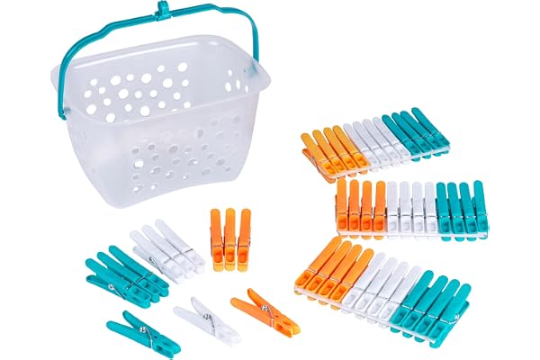 Beldray LA028297TQ klädnypor – 48-pack ultra-grepp klädnypor med hängande förvaringskorg för tvättlinje, rostbeständiga tvättkläder klämmor för inomhus/utomhusbruk, stark hållbar plast
