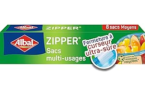 Albal - 8 Sacs multi-usages Zipper - Moyen Modèle 3L - Pour conserver, congeler, ranger ou transporter - Fermeture à curseur - Réutilisable