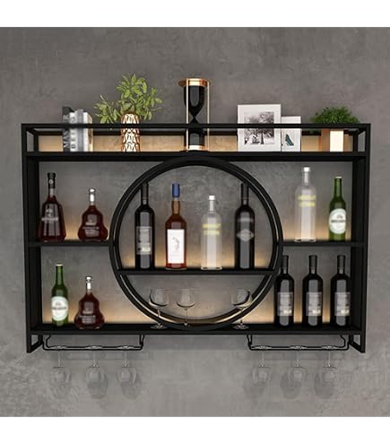 Porte-bouteilles Mural ZHFF 120 Cm - Présentoir Vin Et Verres Métal Noir