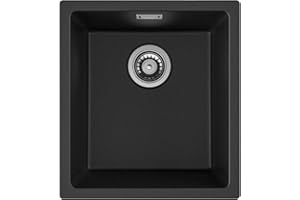 AuraLum pro Fregadero Cocina 1 Seno 40 x 44 cm, Fregadero Cocina Granito, Fregadero Negro con Sifón, Rebosadero y Desagüe, Fregadero al Mueble más de 40 cm