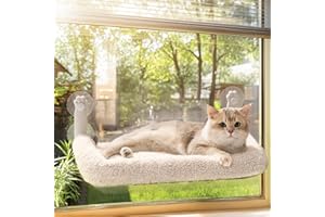 MEWOOFUN Hamak-łóżko na okno dla kotów domowych - Składana półka na okno dla kota z odwracalną matą, ulepszone mocne przyssawki, solidny (beżowy, M - z łóżkiem)