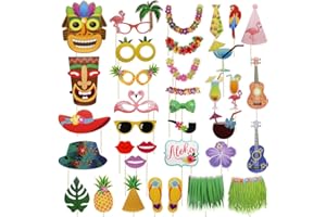Meetory 36Pcs Hawaiian Photo Booth Props Kit, Summer Beach Selfie Props Celebration for Hawaii Seaside, Summer Pool Party, Luau Tropical Tiki Vacation Dress-Up Beach Party Accessories Decoration