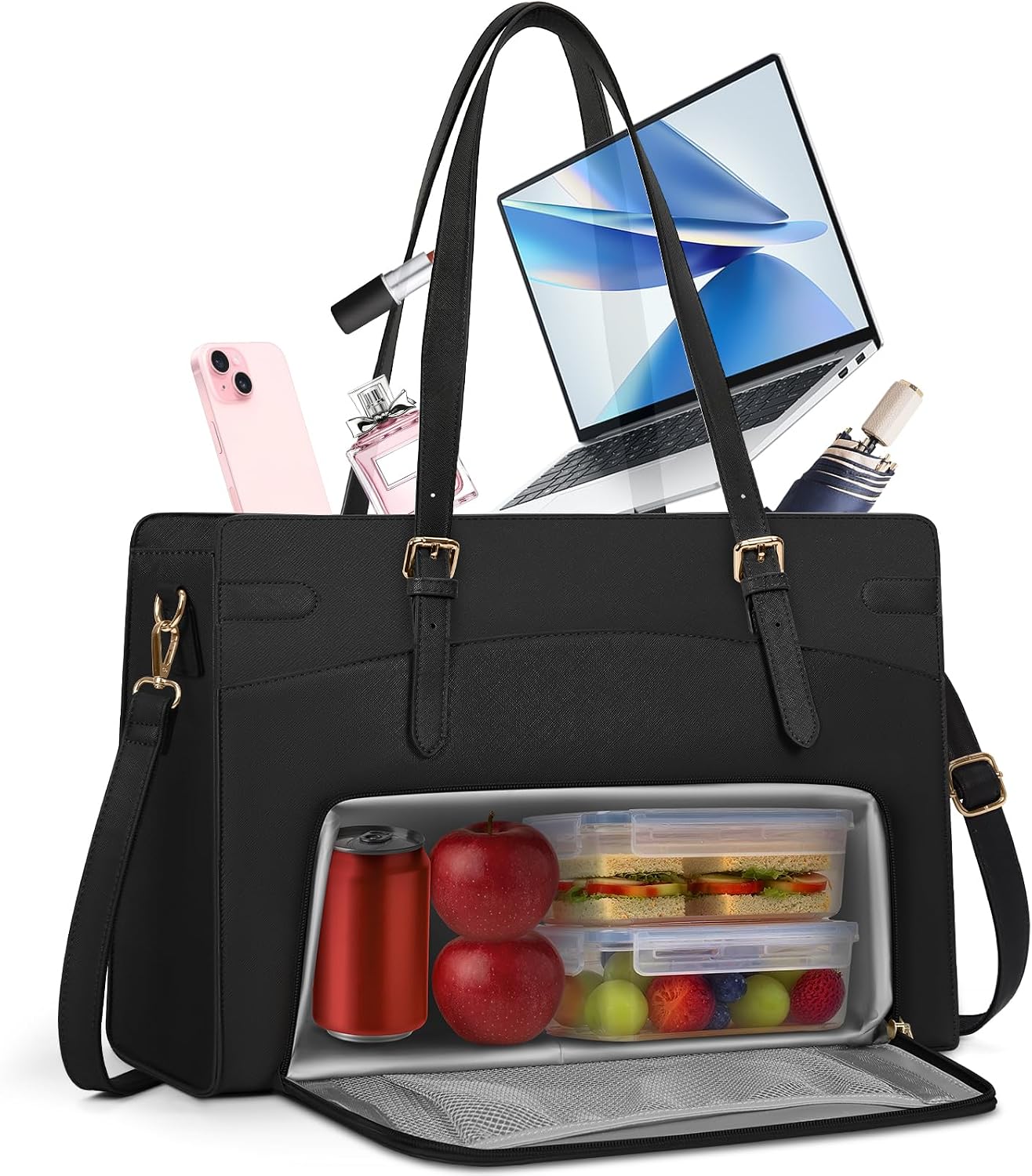 RAINSMORE Laptop Bags for Women with Insulated Lunch Compartment Work Tote Bag 15.6 inch Large Laptop Handbag PU Leather for Office Business College