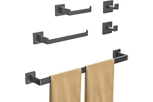 AIKER 60cm Toalleros De Baño,5 PCS Inoxidable SUS304 Engrosado Juego De Accesorios De Baño，Alta Capacidad De Carga Toalleros De Baño/Soporte De Papel Higiénico/2 Ganchos para Albornoz-Negro