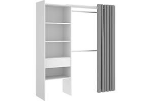 Mobelcenter, Armario Vestidor Reversible con Cajón y Cortina, 2 Barras, 4 Estantes y 1 Cajón, Acabado Color Blanco, Ancho: 160-110 cm x Fondo: 50 cm x Alto: 205 cm (1208)