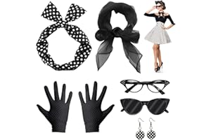 VEGCOO 6 Teiliges Rockabilly Accessoires Damen,50er Jahre Kostüm Damen Vintage Kleidungszubehör einschließlich Stirnband Handschuhe Brillen Requisiten Set