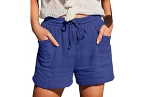 Shffuw Linen Shorts Women Ladies Solid Colour Drawstring with Pockets Elastic Waist Loose Casual Pants Summer Clothes Cotton Beach Walking Shorts for Women UK