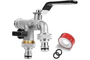 SPGOOD Kran ogrodowy, podwójny zawór wylotowy 1/2 cala, z mosiądzu, odporny na rdzę i mróz, z 2 wyjściami 3/4 cala, 1 x taśma uszczelniająca do rolki, podwójne przyłącze i tulejka do węża, do ogrodu, pralki