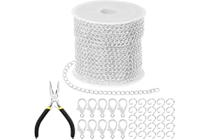 Tanstic 102Pcs 30 Fuß Schmuckherstellung Ketten Halskette Ketten Bulk Kabel Link Kette mit 50Pcs Jump Rings, 50Pcs Lobster Clasps, Zangen für Armband Halskette Making (Silber)
