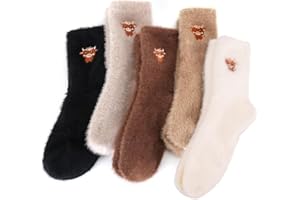 QBEJIME Fluffy Socks Womens, 5 Pairs Bed Socks For Women, Winter Soft Fuzzy Thermal Socks, Highland Cow Gifts For Women, Christmas, Mother's Day Gifts For Ladies Home Sleep