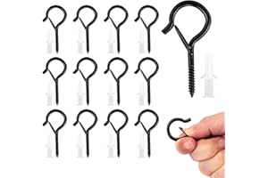 KINGLAKE Screw in Hooks, 12 Pcs Q Hanger Hooks for Outdoor Christmas String Light, Safety Buckle, Fence Celling Black Screw Hook for Wood Wall Hanging Fairy Lights Plants Bird Feeders Cups