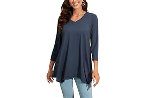 Enmain Camiseta Mujer Manga 3/4 Top Túnica Larga Cuello de Pico Blusa Elegante y Cómoda Talla Grande Tops de Colores Sólidos/Estampadas T Shirt para Mujeres