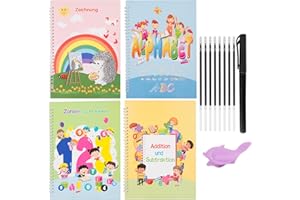 TOUVE 4 Stück Deutsch Heft mit Stift, 26x18cm Magische Übungshefte, Wiederverwendbar Handschrift Nachziehen für Kinder , Schreiben lernen Zahlen, Zeichnung, Mathe und Briefe