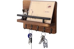 FAOKZE Drewniana deska na klucze i uchwyt na listy z 5 haczykami na klucze, regał ścienny, drewniany organizer na klucze, ścianka na klucze, z półką, drewniany uchwyt na listy