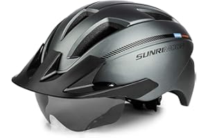SUNRIMOON Adult Bike Helmet Cycling Helmets Mountain & Road Bicycle Helmets with USB Rechargeable Rear Light Detachable Magnetic Goggles Removable Sun Visor for Unisex Men Women MTB Helmet