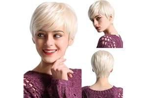 EMMOR Pelucas cortas de cabello humano rubio platino para mujeres, mezcla con fibra de memoria saludable Peluca rizada pixie con flequillo, cabello natural para uso diario