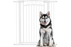 PawHut Barrera para Perros con Cierre Automático, Puerta para Perros 76-104 cm, Barrera de Seguridad con 2 Extensiones 7/14 cm, Fácil Montaje, Doble Bloqueo, para Escaleras y Puertas, Blanco