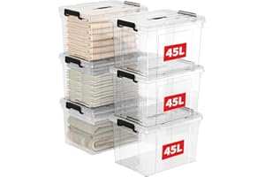 Cetomo 45L*6 Caja de Almacenamiento con Asa, Caja de Plástico con Tapa y Cierre Seguro, Contenedor de Almacenamiento Grande, Duradera, Apilable, Resistentes, Transparente, Paquete de 6 de 45L