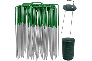 AGAKY Picchetti Giardino in Acciaio per Erba, Rete per Recinzioni, Irrigazione, Serra - 40 Mezzo Verde e 40 Rondelle, 150 x 25 mm, Ø 2,8 mm