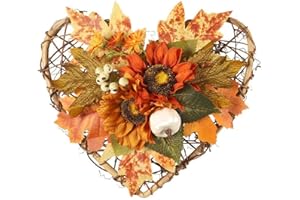 QKLOVNI Ghirlanda floreale artificiale autunnale, a forma di cuore, zucca, girasole, foglie d'acero, ghirlanda autunnale per il Ringraziamento decorazione di Halloween, per porta d'ingresso e decorazione per