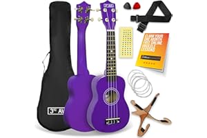 3rd Avenue Soprano Ukulele 21 Inch Beginner Pack Bundle – Bag, Stand, Strap, Strings, Picks and Fret Stickers – Purple with FREE 1 Month Online Lessons