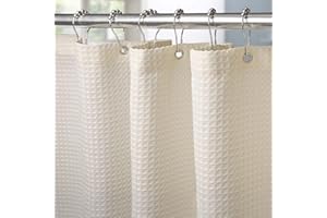 VANZAVANZU Waffel Duschvorhang mit Metall Duschvorhangringe Stoff Textil Badewannenvorhang Anti Schimmel Bad Vorhang Set Wasserdicht Badewanne Vorhang Schwerer Shower Curtain Badezimmer - 182 x 182cm (Creme)