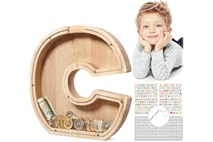 MoneRffi Personalized Letters Wooden Piggy Bank 23x23cm, A-Z Letters Coin Bank Money Box with Clear Alphabet Stickers, Money Saving Bank For Family Christmas Birthday DIY Gift Home Decoration