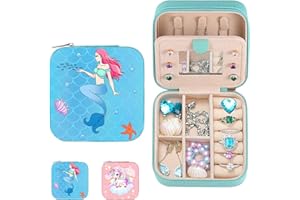 XIEXIESHER Joyero para Niñas, Sirena Joyero para Niñas de PU, 10x10x5cm, Joyero de Viaje Pequeño con Espejo, Joyero de Viaje para Guardar Pendientes, Anillos, Collares