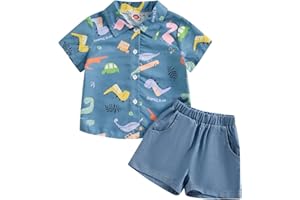 ESSECMBS Kleinkind Baby Jungen Sommer Niedliche Dinosaurier Bekleidungsset 2PCS Kurzarm Revers Kragen Button-Down-Hemden Bluse Einfarbige Kurze Hose Jungen Gentleman Kleidung