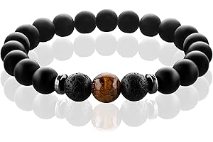 FABACH Chakra Perlenarmbänder mit 8mm Schmuckstein-Perlen, Lavastein und Onyx-Stein (schwarz) - Yoga Armbänder aus Heilsteinen - Energiearmbänder für Damen und Herren