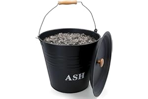 ALAYSTAR 12L Ash Bucket with Lid and Wooden Handle Heavy Duty Metal Fire Bucket for Hot Black Powder Coated Steel Fireplace Ash Bin for Log Burner Wood Burner and Fire Pit