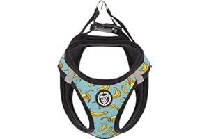 SUPER DOGGY Arnes Perro Pequeño, Suave y Reflectante - Chaleco Anti-tirones para Cachorros, Transpirable con Diseños Divertidos - Malla Ajustable para Coche (XS/S, Blue Bananas)