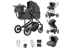 Kakbgee Kinderwagen 3 in 1, Kombi-Kinderwagen mit ECE R129-Autositz, höhenverstellbarer Griff, Buggy mit hohem Aluminiumrahmen für Neugeborene