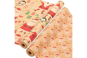 AhfuLife 2 Rouleau Kraft Papier Cadeau Noël, 43cm×15m Recyclable Papier Emballage Cadeaux Noel avec Motifs Fins pour Enfant Emballage des Cadeaux(C : Hoho/Père Noël)