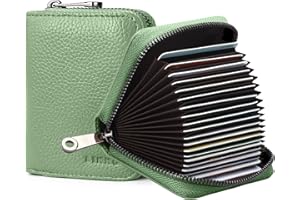 Goopai RFID 20 Card Slots Credit Card Holder Genuine Leather Accordion Card Case Small Wallet for Women or Men with Zipper (Light Green)