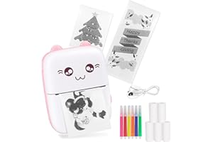 PENYUY Mini Thermal Printer, Portable Photo Printer for Phone, Bluetooth Mini Label Printer, Sticker Maker Machine, Compatible with iOS and Android, with 5 Rolls Paper and 5 Pens (Pink)