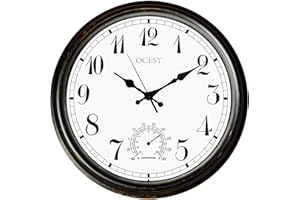 OCEST Große Außen- und Innenuhr, wasserdichte Wanduhr mit Thermometer, wetterbeständig, Nicht tickend, batteriebetrieben, dekorative Uhr für Terrasse, Pool, Lanai, Badezimmer (40 cm)