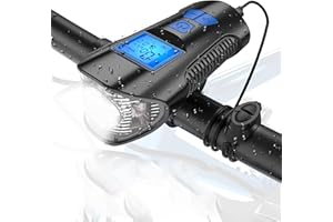 Tesecu Lampe Vélo LED Ordinateur, 3 en 1 Éclairage vélo avec Compteur LCD Écran et Sonnette 120db, 4 Modes de Luminosité, Éclairage USB Antichoc IPX64 Impermeable VTT VTC Cycliste Poussette Camping