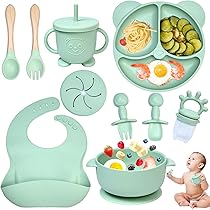 Set Pappa Per Bambini, Set Da 10 Pezzi Svezzamento Set, Silicone Piatto Con Ventosa Ciotola Cucchiaio Forchetta Bavaglino, Bavaglini In Silicone, Bavaglini Impermeabili Neonato