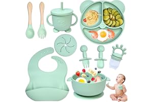Dazhtu 10 Stücke Silikon Baby Geschirrset, Kindergeschirr Baby-Teller Rutschfest mit Saugnapf, Baby-Teller mit Saugnapf, Schüssel, Lätzchen,Löffel,Gabel,Baby-Trinkbecher,Fruchtsauger Set, Grün