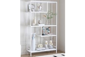 Yusong White Bookshelf, Industrial Bookcase Open Storage Shelves with Metal Frame, Freestanding Display Rack Tall Shelving Unit for Living Room, Bedroom, Office, White