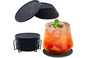 ZZQVIP 9 Piezas Posavasos de Silicona, Posavasos Antideslizantes Redondos, con Soporte de Hierro en Rejilla, para Café, Copa de Vino, Hogar, Bar, Salón de Té, Uso de Doble Cara (Negro)