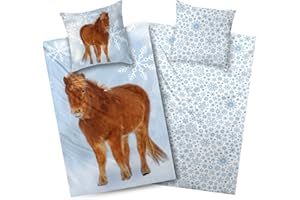 ‎AMINATA KIDS Aminata kids Biber Bettwäsche 135x200 Pony Pferde Pferdebettwäsche Mädchen Winter-Motiv warm weich blau