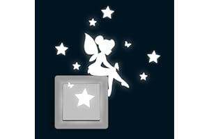 Lichtschaltertattoo Wandtattoo Lichtschalteraufkleber Wandaufkleber Fee mit Leuchtsternen und Schmetterlingen fluoreszierend nachtleuchtend M1791 ilka parey wandtattoo-welt®