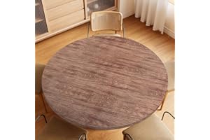 VOHESEA Nappe de table ronde 110 cm pour l'extérieur, en PVC élastique, résistante aux intempéries, anti-taches, avec motif grain de bois 3D, film de protection de table ronde, pour tables de 90 à 110 cm